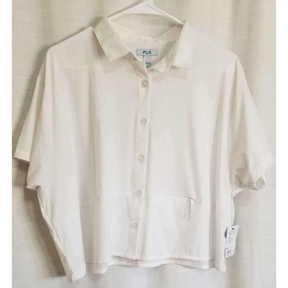 FLX Tops - NWT! FLX White Crop Nylon Spandex Button Down Lightweight Ladies Top Size Large